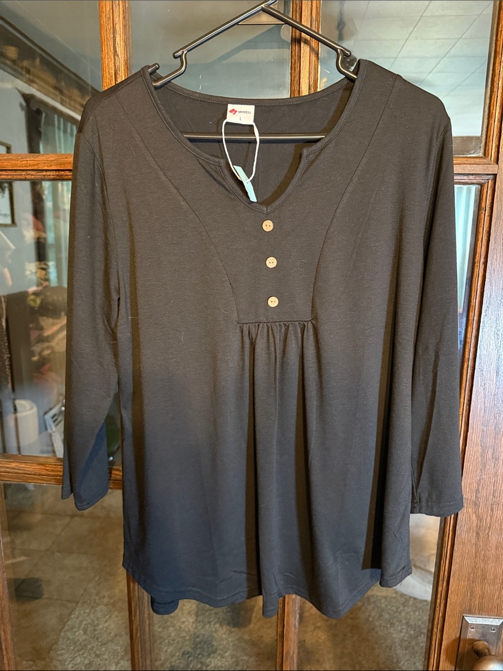 Wiholl Black Long Sleeve Tunic Top Henley V-Neck‎ Wooden Buttons Pleated Large